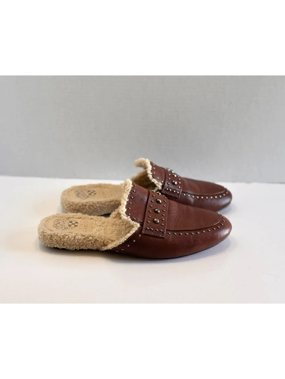 Vince Camuto Alvintal Faux Fur Studded Mules Women's Sz 8M Brown Leather Comfort